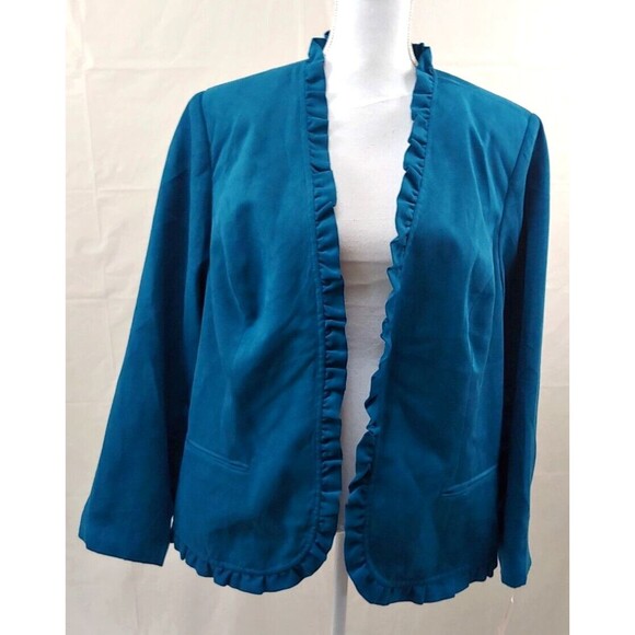 Dressbarn Womens Jacket Blazer 18 20 Blue Green 1X Ruffle Hem Open Front - Picture 1 of 8
